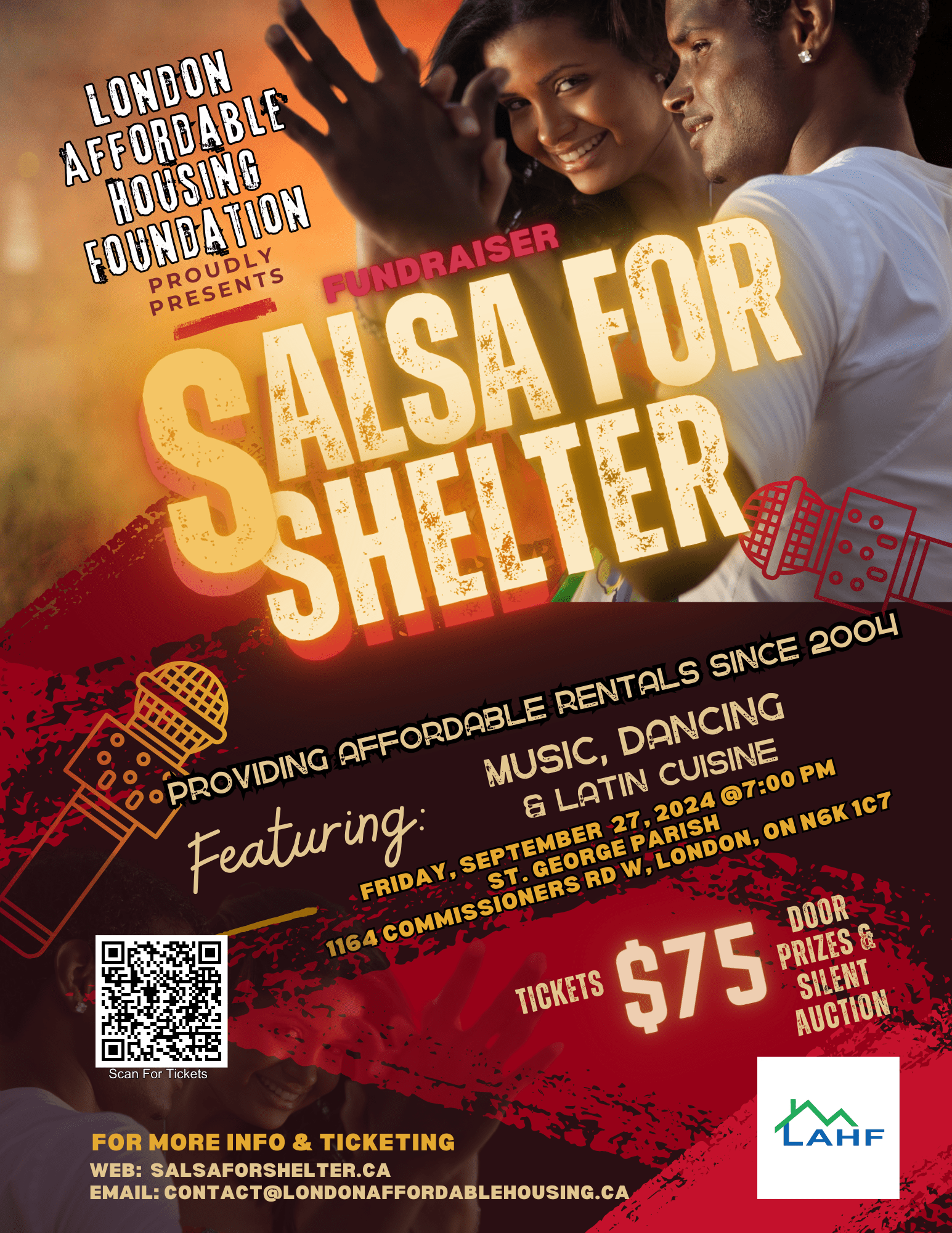 Salsa for Shelter Event Heater with two people dancing and text with a black background