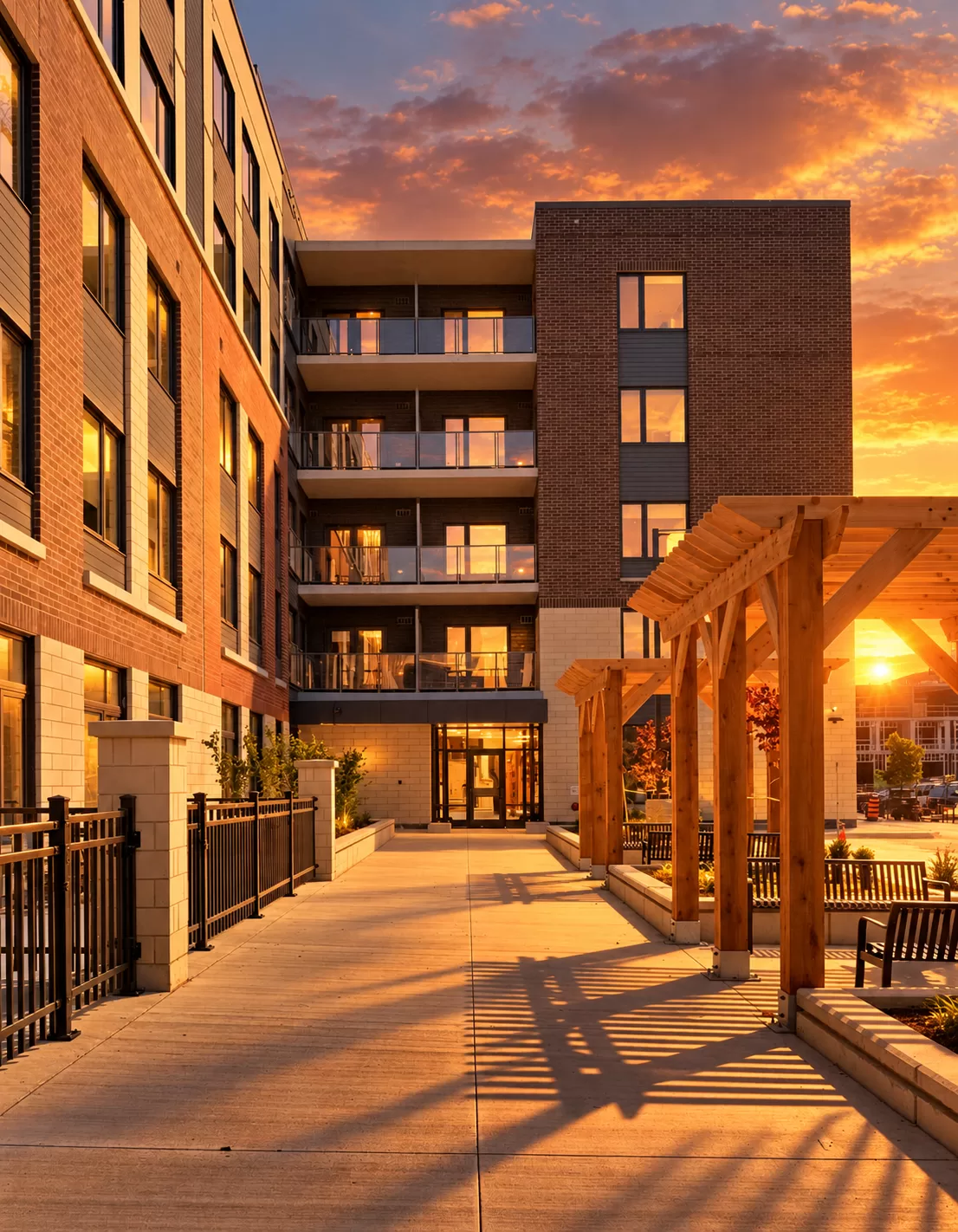 A modern brick apartment complex and wooden pergola glow in golden sunset light, casting long shadows across a quiet courtyard walkway.