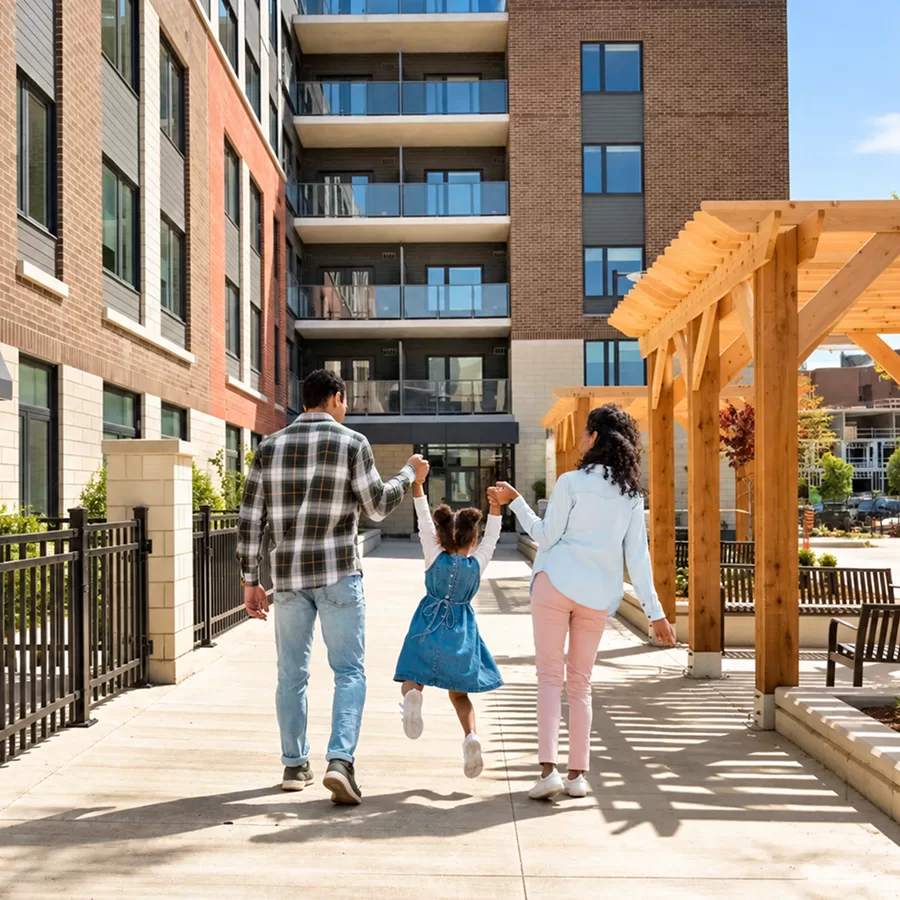 A joyful family walks hand in hand through a sunny apartment courtyard, lifting their young daughter between them beneath a wooden pergola.